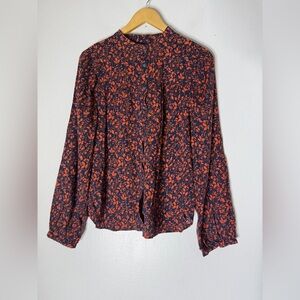Loft Orange Blue Leaf Print Simmer Button Down Top‎ Size Medium